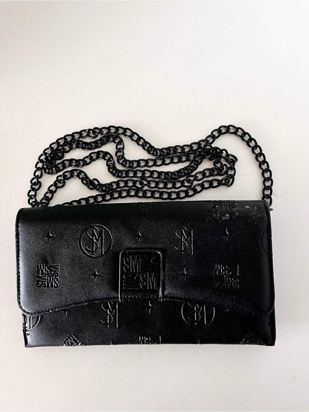 Steve Madden Bjuddy Black Monogram Embossed Crossbody Flap Wallet Clutch Bag